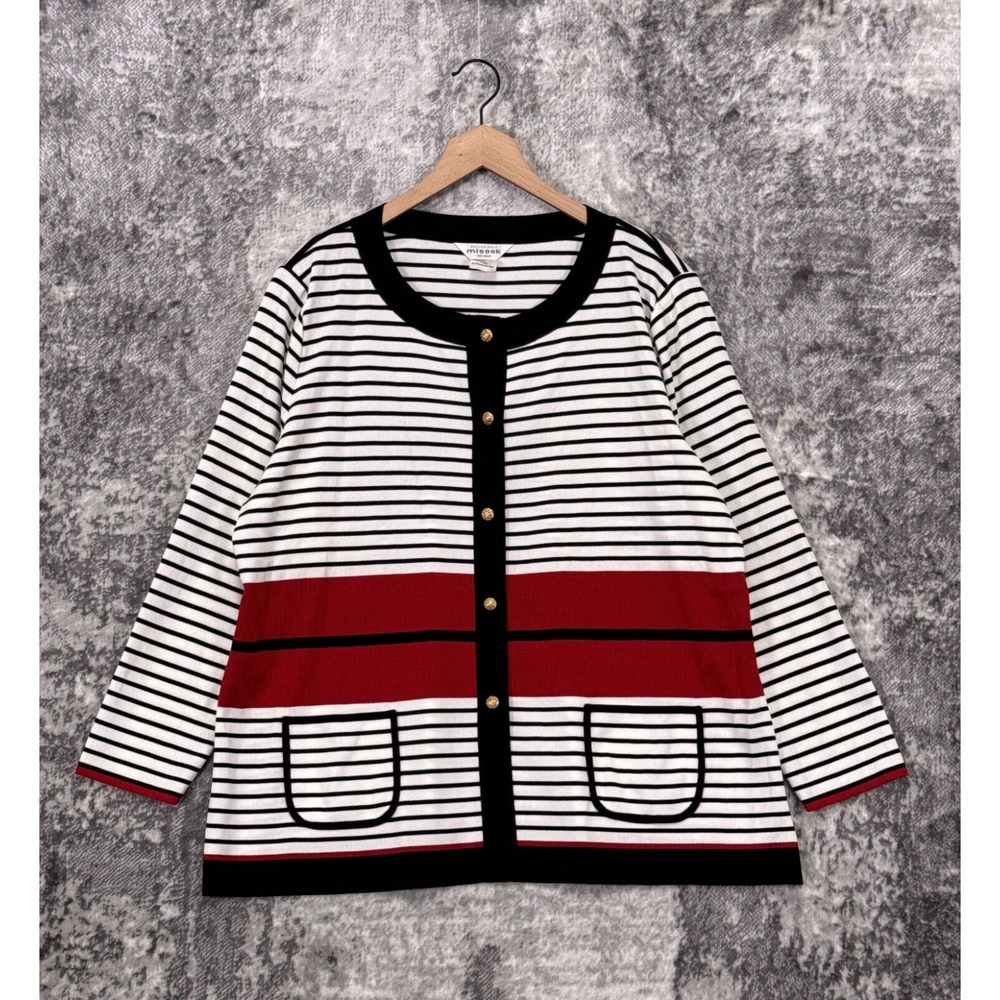 MISOOK Jacket 2X Womens Nautical Striped Classic Knit Gold Button Plus Size